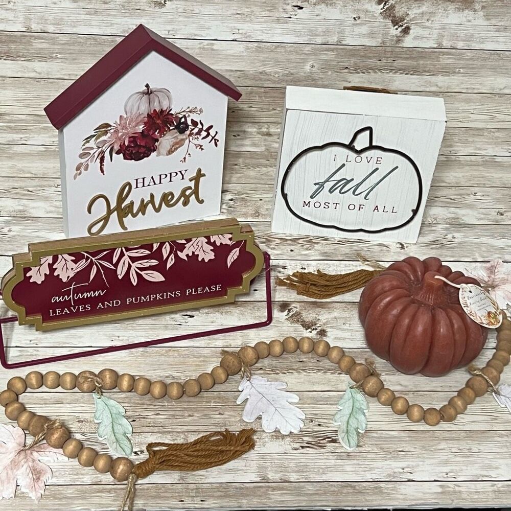 Fall Decor Bundle Autumn Sign Lot‎ Pumpkin Leaves Garland Cozy Tabletop Kit NWT